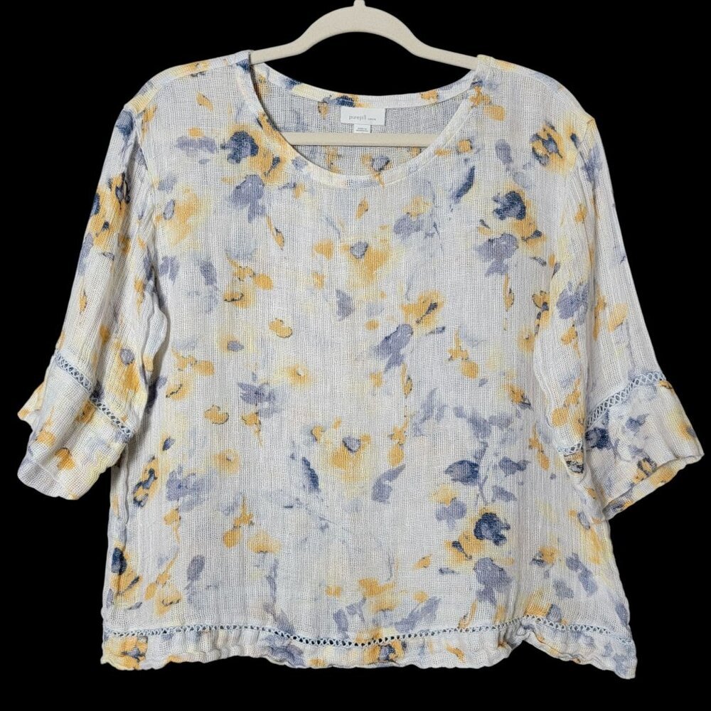 Pure Jill Womens White Linen Watercolor Floral Open Knit Gauzy Top Small Petite